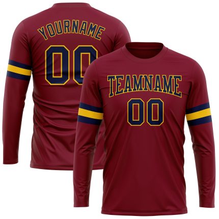 Custom Long Sleeve Performance T-Shirt in Crimson and Navy-Gold Colors Custom Crimson Navy-Gold Long Sleeve Performance T-Shirt