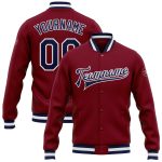 Custom Varsity Letterman Jacket - Crimson Navy and White Bomber Full-Snap Design Custom Crimson Navy-White Bomber Full-Snap