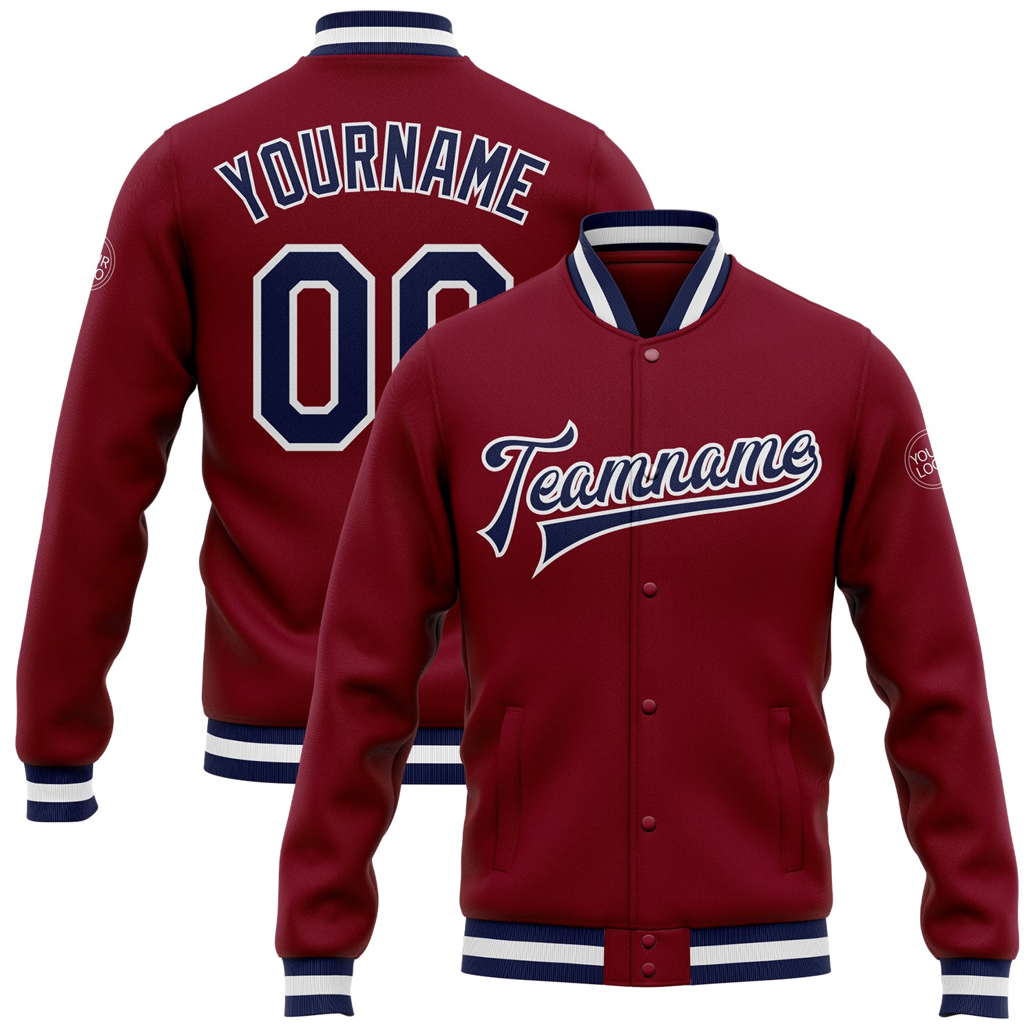 Custom Crimson Navy-White Bomber Full-Snap Varsity Letterman Jacket Custom Varsity Letterman Jacket - Crimson Navy and White Bomber Full-Snap Design Custom Crimson Navy-White Bomber Full-Snap