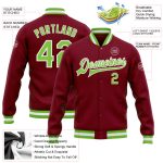 Crimson Neon Green White Bomber Varsity Letterman Jacket Custom Full-Snap Custom Crimson Neon Green-White Bomber Full-Snap