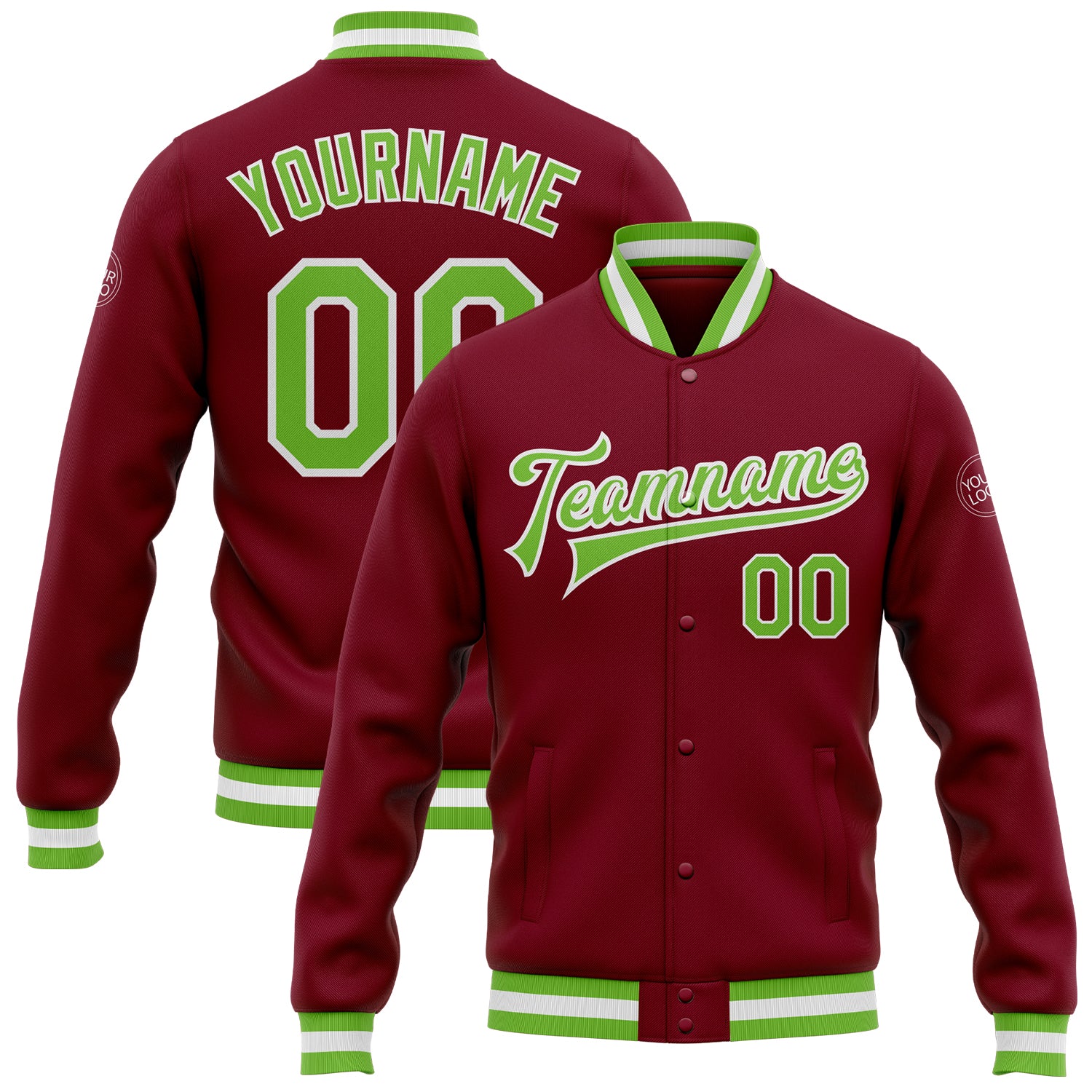 Custom Crimson Neon Green-White Bomber Full-Snap Varsity Letterman Jacket Crimson Neon Green White Bomber Varsity Letterman Jacket Custom Full-Snap Custom Crimson Neon Green-White Bomber Full-Snap
