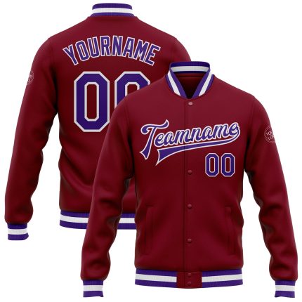 Custom Bomber Jacket Crimson Purple White Full-Snap Varsity Letterman Custom Crimson Purple-White Bomber Full-Snap Varsity