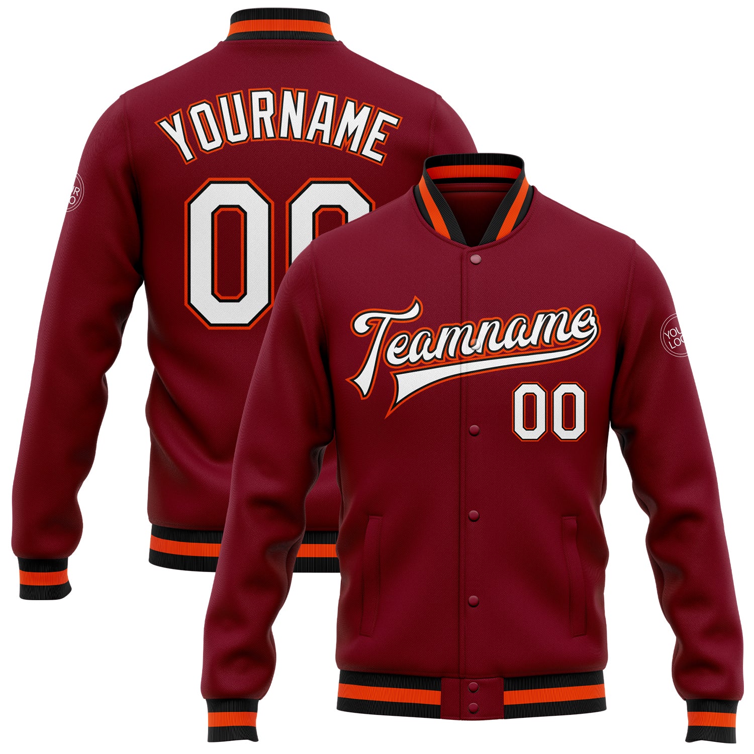 Custom Crimson White Black-Orange Bomber Full-Snap Varsity Letterman Jacket Crimson White Black Orange Bomber Jacket Full-Snap Varsity Letterman Custom Design Custom Crimson White Black-Orange Bomber