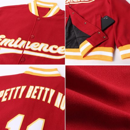 Crimson White-Gold Custom Varsity Letterman Bomber Jacket Full-Snap Custom Crimson White-Gold Bomber Full-Snap Varsity Letterman