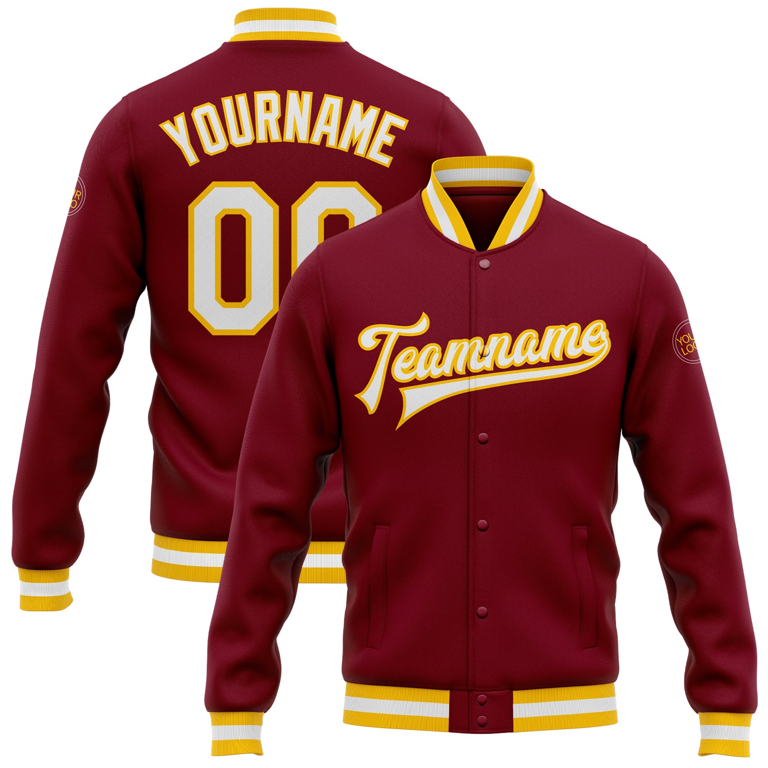 Crimson White-Gold Custom Varsity Letterman Bomber Jacket Full-Snap Custom Crimson White-Gold Bomber Full-Snap Varsity Letterman