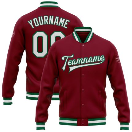 Custom Crimson White Kelly Green Varsity Letterman Bomber Full-Snap Jacket Custom Crimson White-Kelly Green Bomber Full-Snap