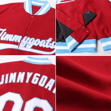 Custom Varsity Letterman Jacket Bomber in Crimson and Light Blue Full-Snap Design Custom Crimson White-Light Blue Bomber