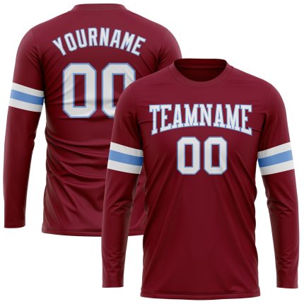 Custom Long Sleeve Performance T-Shirt in Crimson and White-Light Blue for Men Custom Crimson White-Light Blue Long Sleeve