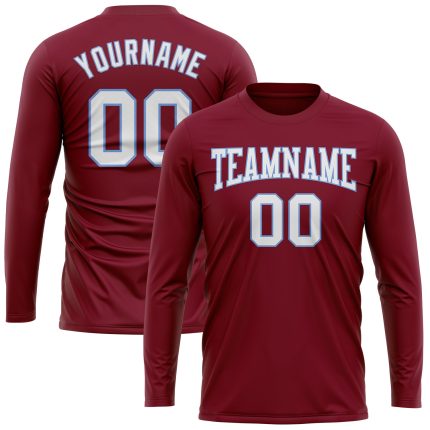 Custom Long Sleeve Performance T-Shirt in Crimson and White-Light Blue for Men Custom Crimson White-Light Blue Long Sleeve