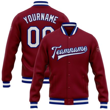 Custom Bomber Jacket Crimson White-Royal Full-Snap Varsity Letterman Custom Crimson White-Royal Bomber Full-Snap Varsity