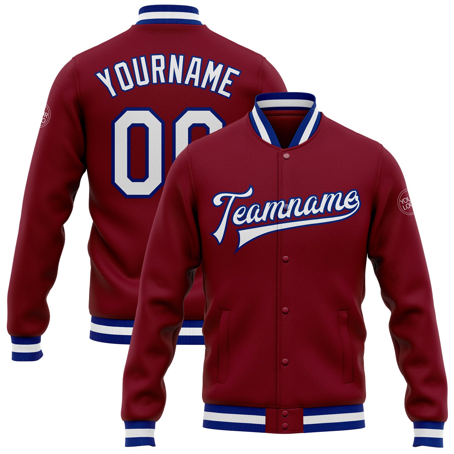 Custom Bomber Jacket Crimson White-Royal Full-Snap Varsity Letterman Custom Crimson White-Royal Bomber Full-Snap Varsity