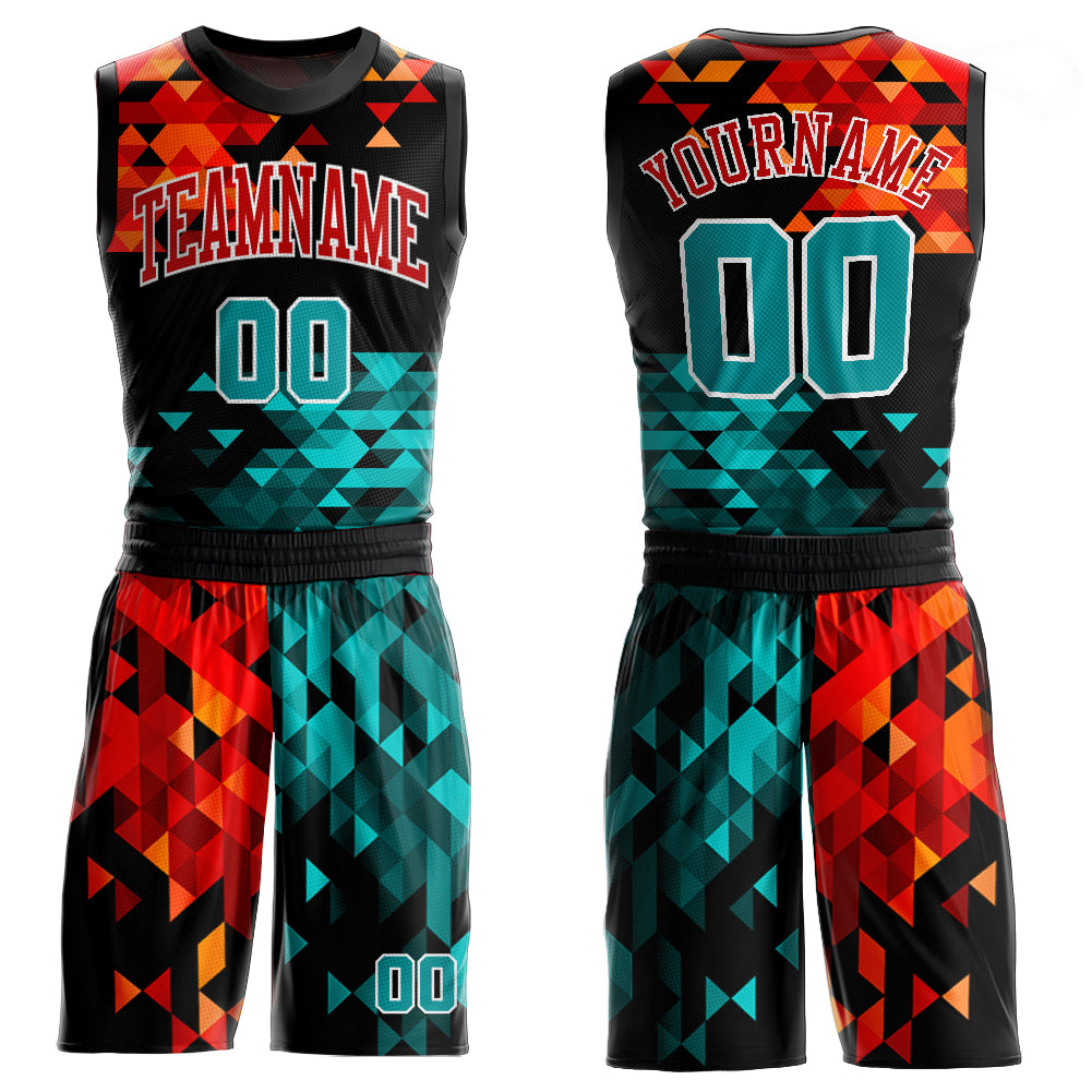 Aqua-Red Sublimation Basketball Jersey - Custom Figure Round Neck Suit Custom Figure Aqua-Red Round Neck Sublimation Basketball