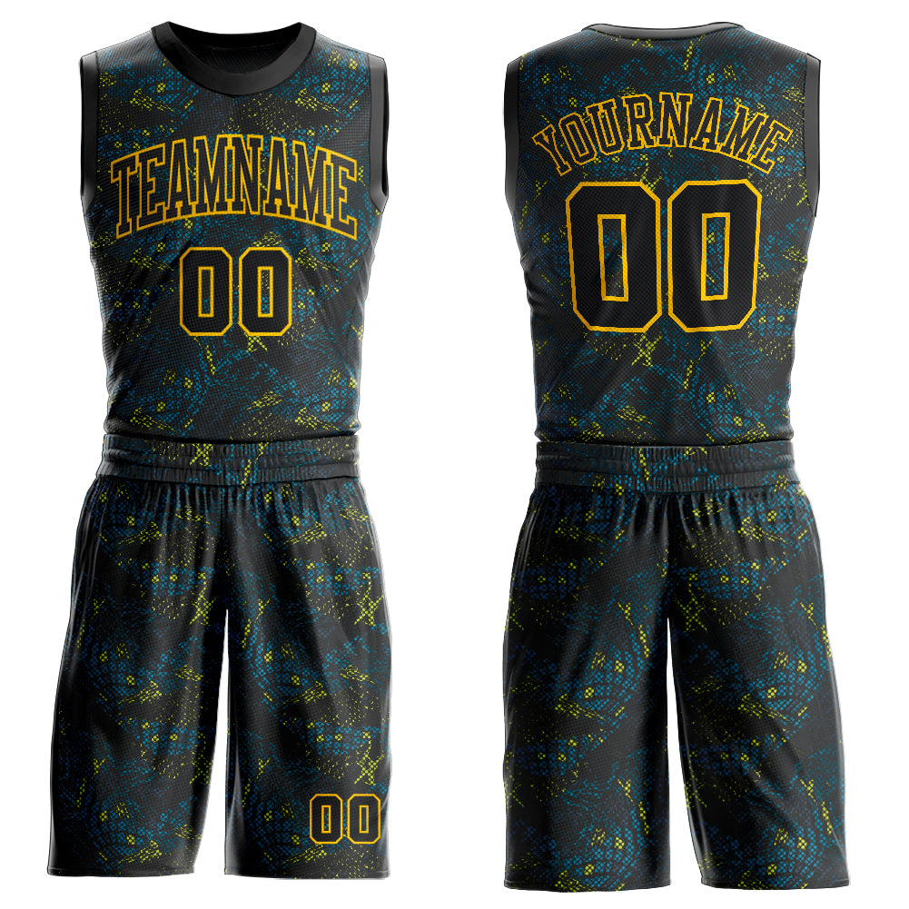 Black Gold Custom Basketball Jersey Sublimation Round Neck Suit Style 4176 Custom Figure Black-Gold Round Neck Sublimation