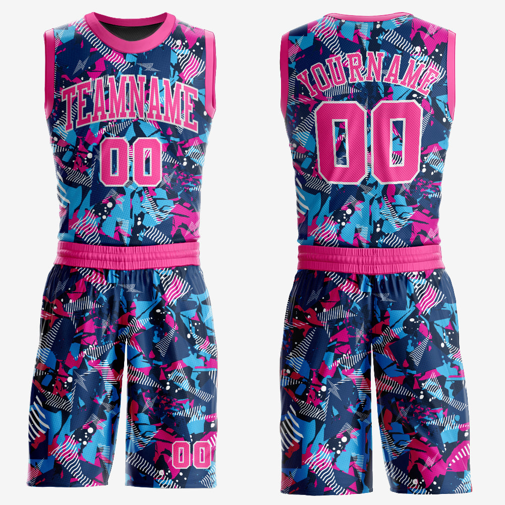 Custom Pink Light Blue Basketball Jersey Sublimation Round Neck Suit Custom Figure Pink-Light Blue Round Neck Sublimation