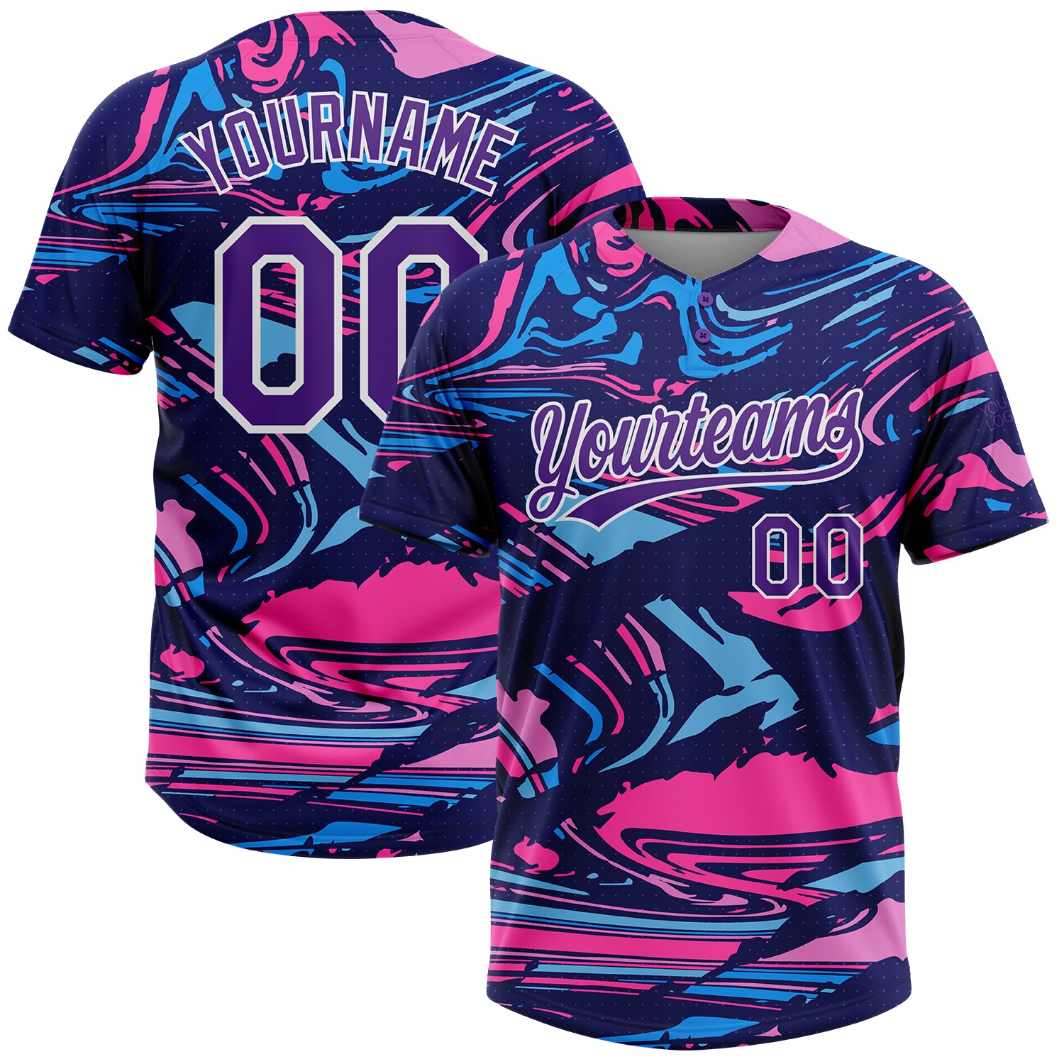 Custom Figure Purple Navy-Pink Two-Button Unisex Softball Jersey Custom Purple Navy-Pink Unisex Softball Jersey - Two-Button Design, Soft Fabric Custom Figure Purple Navy-Pink Two-Button