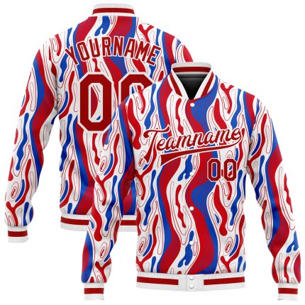 Custom 3D Pattern Red-Royal Bomber Varsity Letterman Jacket - Full-Snap Design Custom Figure Red-Royal 3D Pattern Design