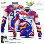 Royal-Red 3D Pattern Bomber Jacket | Custom Full-Snap Varsity Letterman Style Custom Figure Royal-Red 3D Pattern Design Bomber