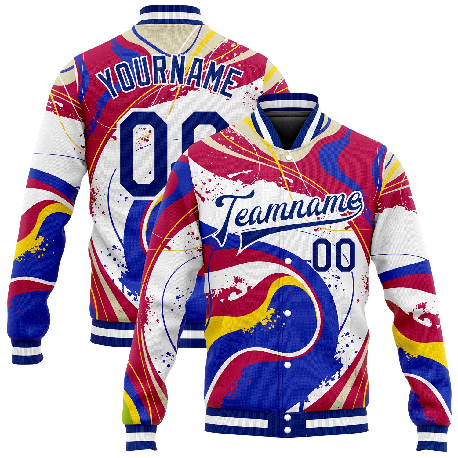 Royal-Red 3D Pattern Bomber Jacket | Custom Full-Snap Varsity Letterman Style Custom Figure Royal-Red 3D Pattern Design Bomber