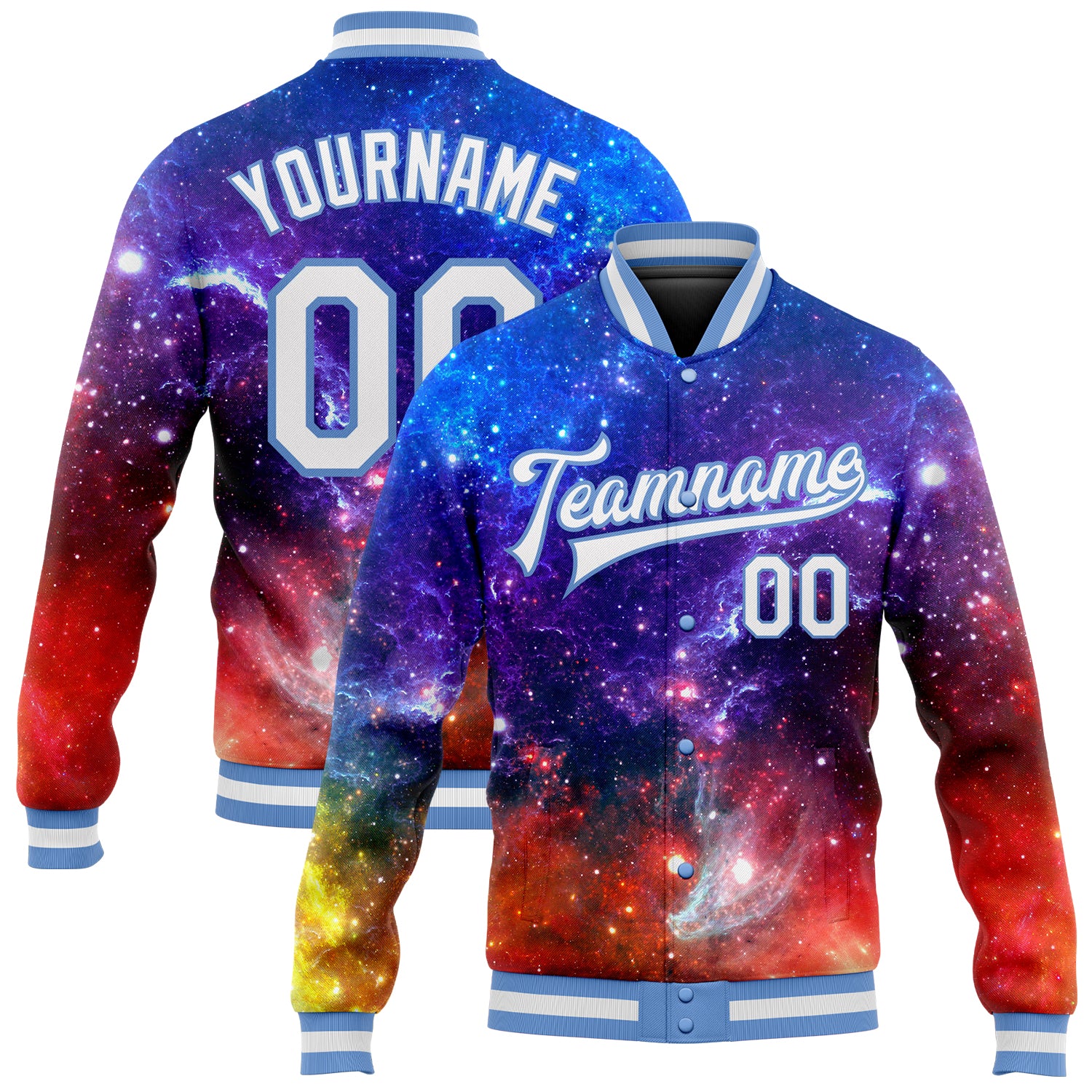 Galactic White Light Blue 3D Bomber Varsity Letterman Jacket Custom Design Custom Galactic White-Light Blue 3D Bomber Full-Snap