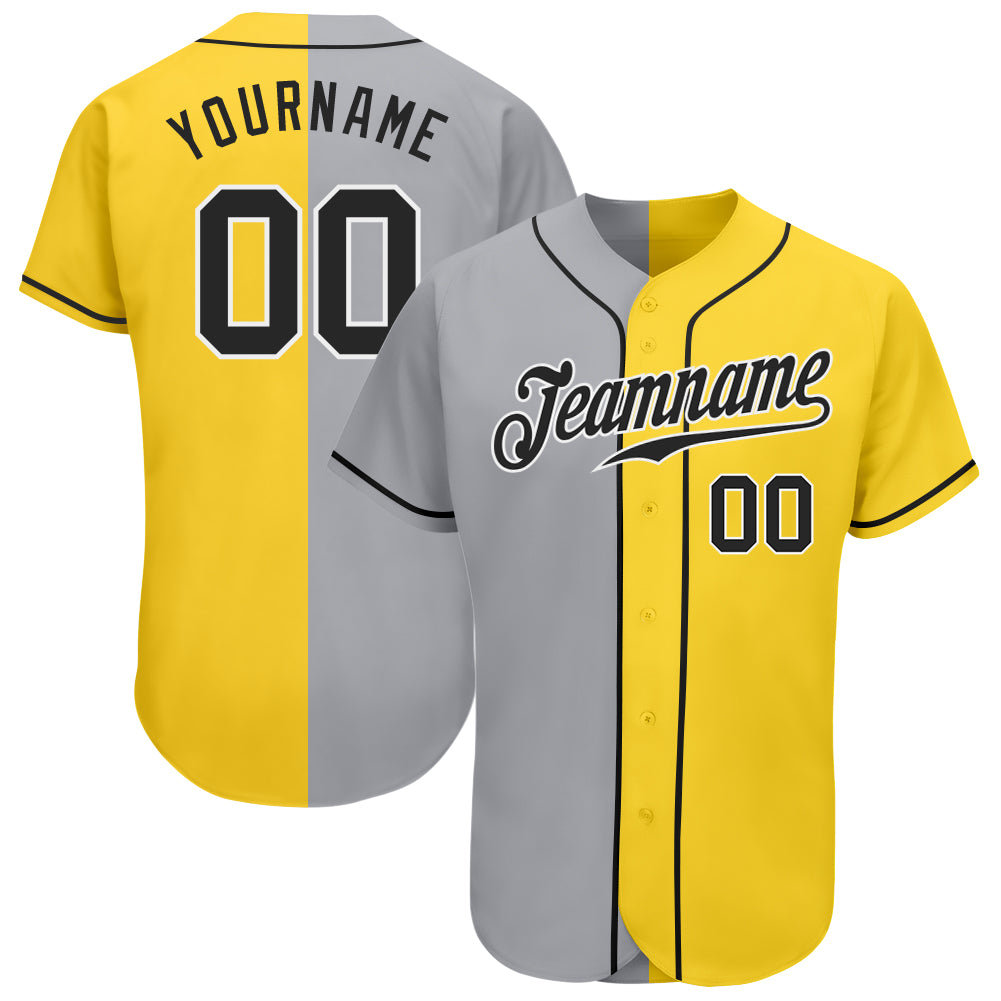 Custom Gold Black Gray-White Authentic Split Fashion Baseball Jersey Custom Gold Black Gray White Authentic Baseball Jersey | Split Fashion Design Custom Gold Black Gray-White Authentic Split