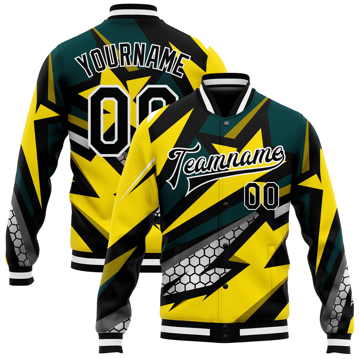 Gold and Black 3D Pattern Varsity Bomber Jacket - Custom Full-Snap Letterman Design Custom Gold Black-Old Gold 3D Pattern