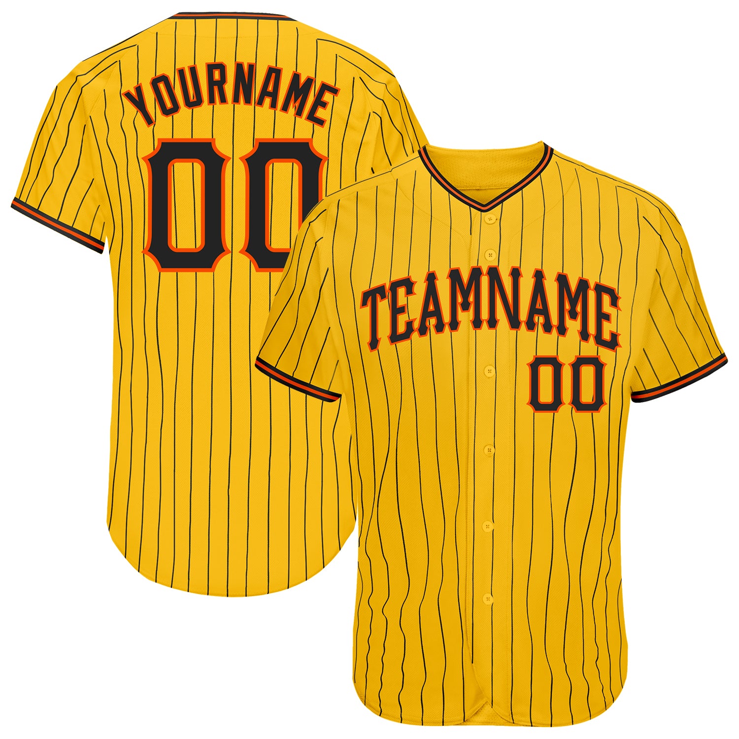 Custom Gold Black Pinstripe Black-Orange Authentic Baseball Jersey Custom Gold Black Orange Pinstripe Baseball Jersey - Authentic Sports Apparel Custom Gold Black Pinstripe Black-Orange Authentic