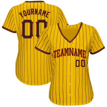 Custom Gold Black Orange Pinstripe Baseball Jersey - Authentic Sports Apparel Custom Gold Black Pinstripe Black-Orange Authentic
