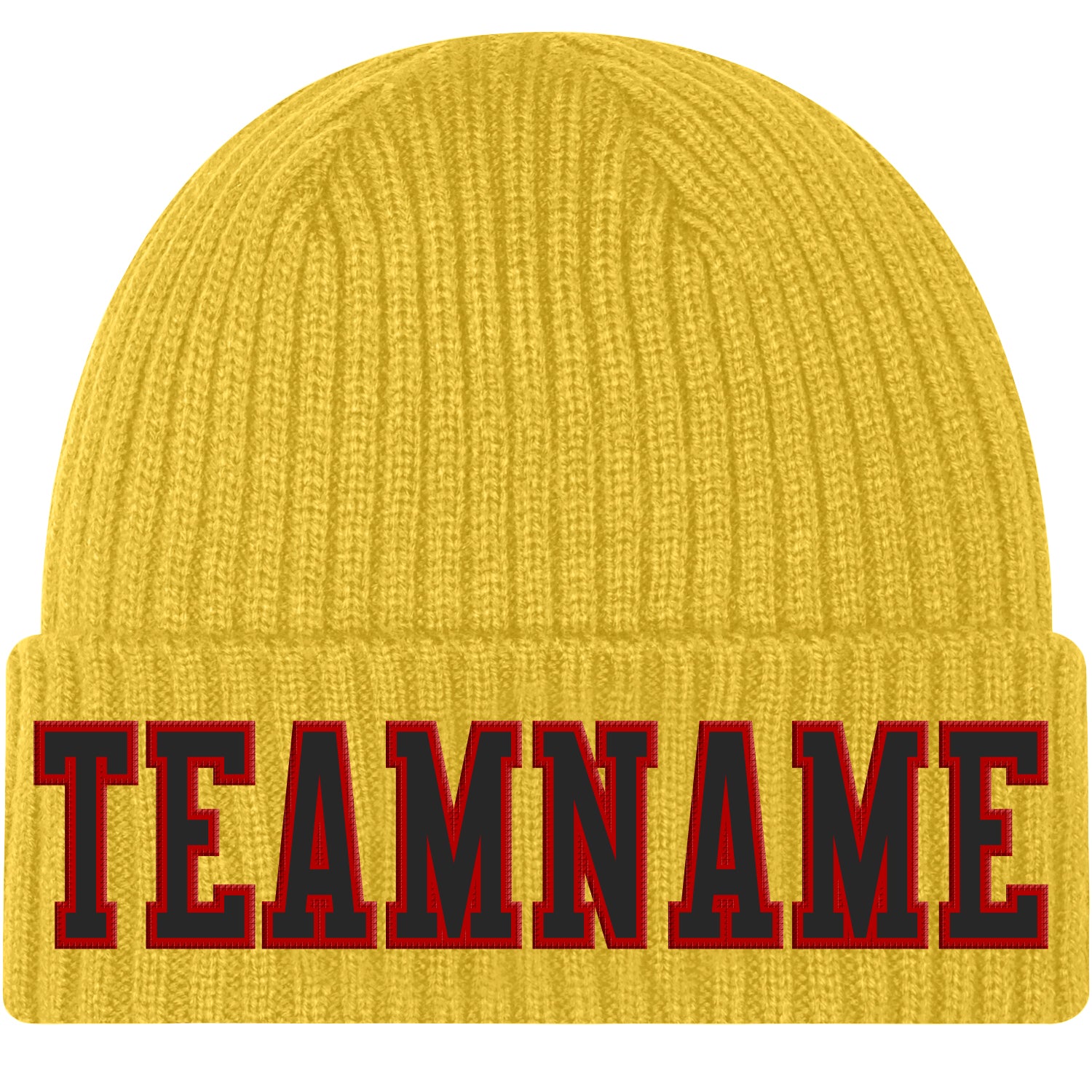 Custom Gold Black-Red Stitched Cuffed Knit Hat Custom Gold Black Red Cuffed Knit Hat with Stitched Design for Warmth and Style Custom Gold Black-Red Stitched Cuffed Knit