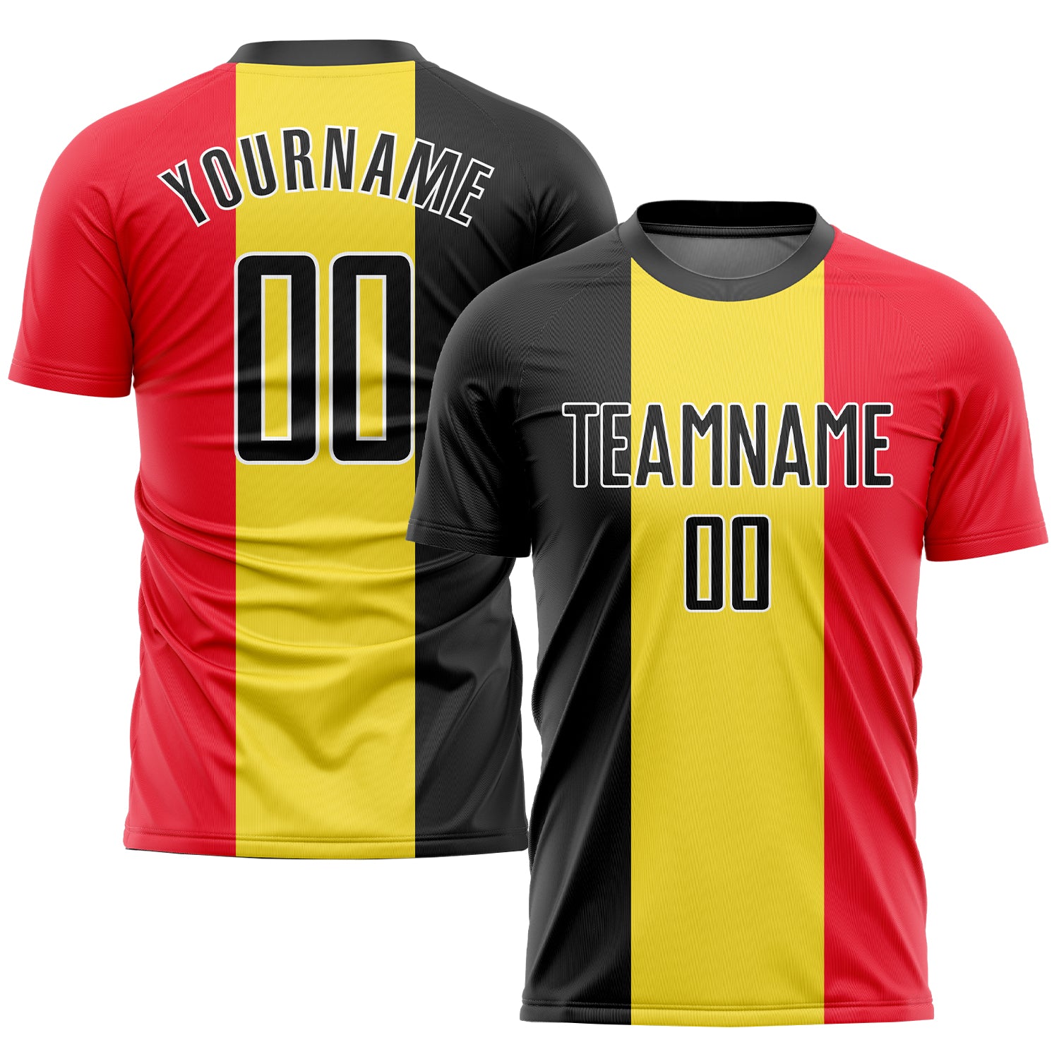Custom Belgian Flag Soccer Jersey - Gold Black Red-White Sublimation Uniform Custom Gold Black Red-White Sublimation Belgian