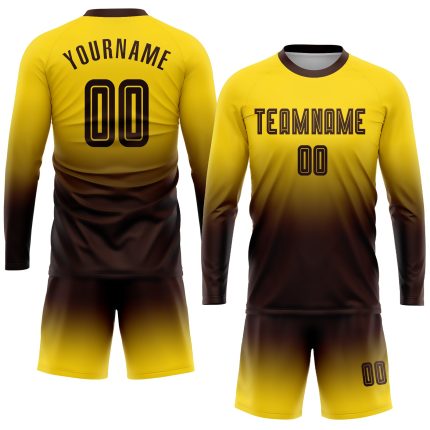 Custom Gold Brown Fade Soccer Uniform Jersey Long Sleeve Sublimation Fashion Custom Gold Brown Sublimation Long Sleeve Fade