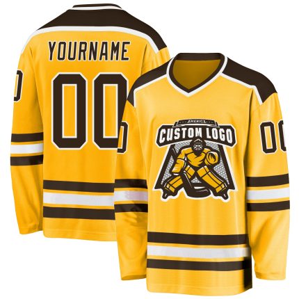 Custom Brown White Gold Hockey Jersey - Personalized Ice Hockey Team Uniform Custom Gold Brown-White Hockey Jersey
