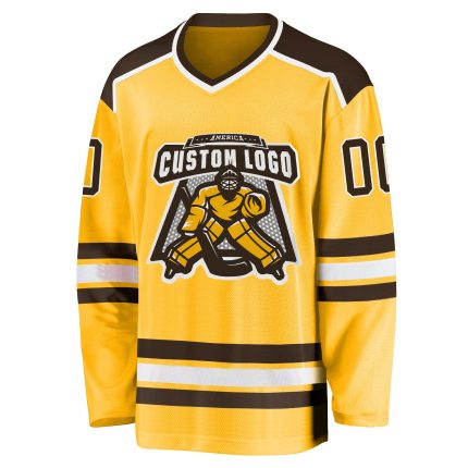 Custom Brown White Gold Hockey Jersey - Personalized Ice Hockey Team Uniform Custom Gold Brown-White Hockey Jersey