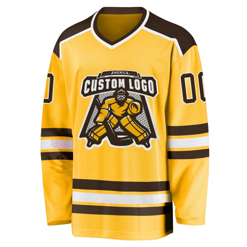 Custom Brown White Gold Hockey Jersey - Personalized Ice Hockey Team Uniform Custom Gold Brown-White Hockey Jersey