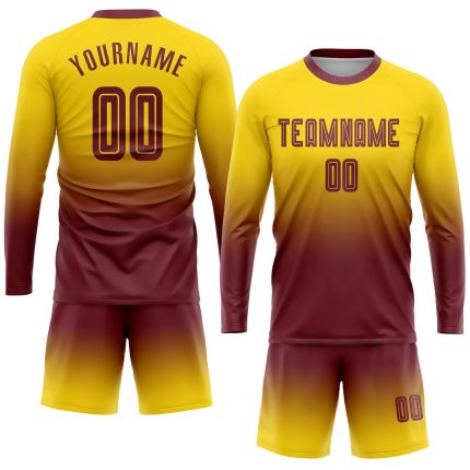 Custom Gold Burgundy Soccer Uniform Jersey - Long Sleeve Fade Fashion Design Custom Gold Burgundy Sublimation Long Sleeve