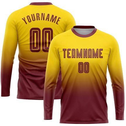 Custom Gold Burgundy Soccer Uniform Jersey - Long Sleeve Fade Fashion Design Custom Gold Burgundy Sublimation Long Sleeve