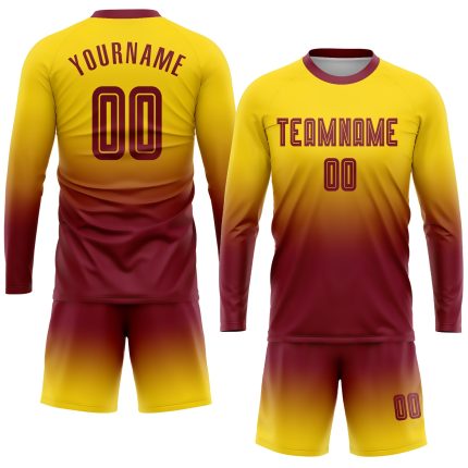 Custom Gold Crimson Fade Soccer Jersey Long Sleeve Fashion Sublimation Uniform Custom Gold Crimson Sublimation Long Sleeve