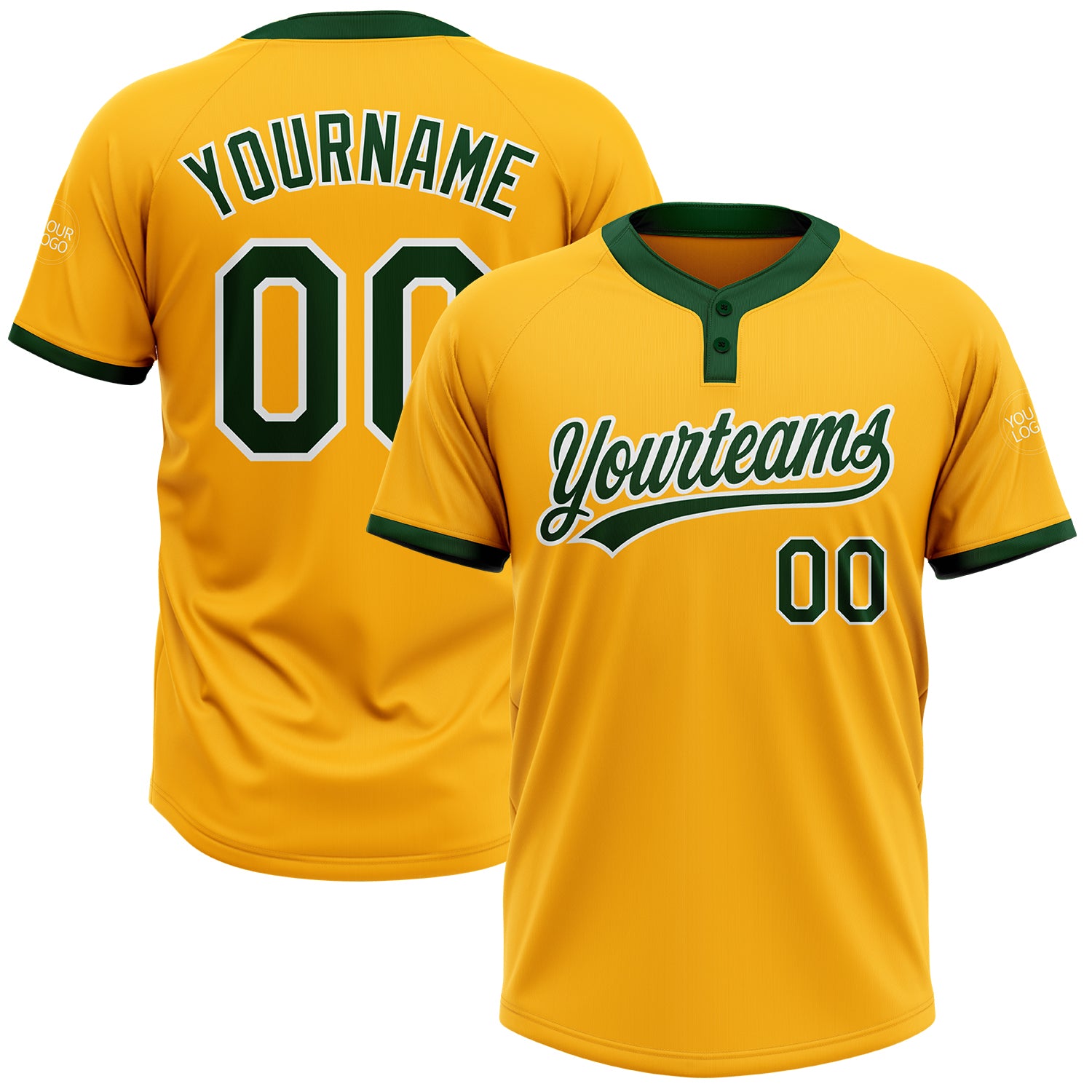 Custom Gold Green White Softball Jersey Unisex Two-Button Design, Soft and Comfortable Custom Gold Green-White Two-Button