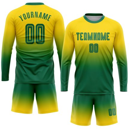 Custom Gold Kelly Green Soccer Jersey Long Sleeve Fade Fashion Uniform Custom Gold Kelly Green Sublimation Long Sleeve Fade