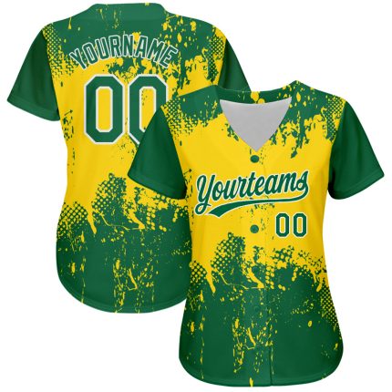 Custom Gold 3D Pattern Baseball Jersey in Kelly Green and White - Authentic Design Custom Gold Kelly Green-White 3D Pattern