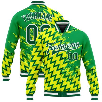 Custom Gold 3D Pattern Bomber Varsity Letterman Jacket in Kelly Green and White Custom Gold Kelly Green-White 3D Pattern