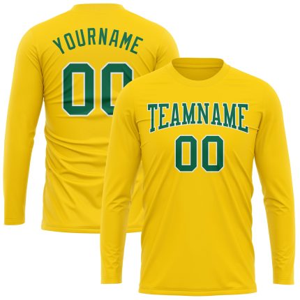 Custom Gold Long Sleeve Performance T-Shirt in Kelly Green and White Custom Gold Kelly Green-White Long Sleeve Performance
