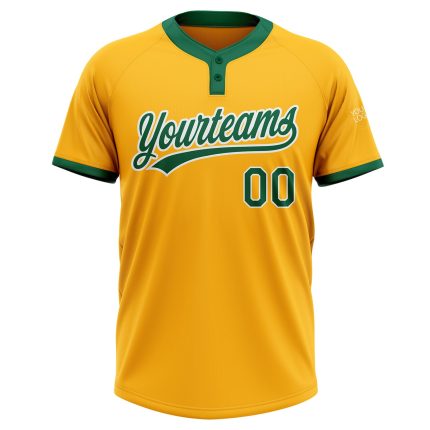 Custom Gold Two-Button Unisex Softball Jersey in Kelly Green-White Style 6177 Custom Gold Kelly Green-White Two-Button Unisex