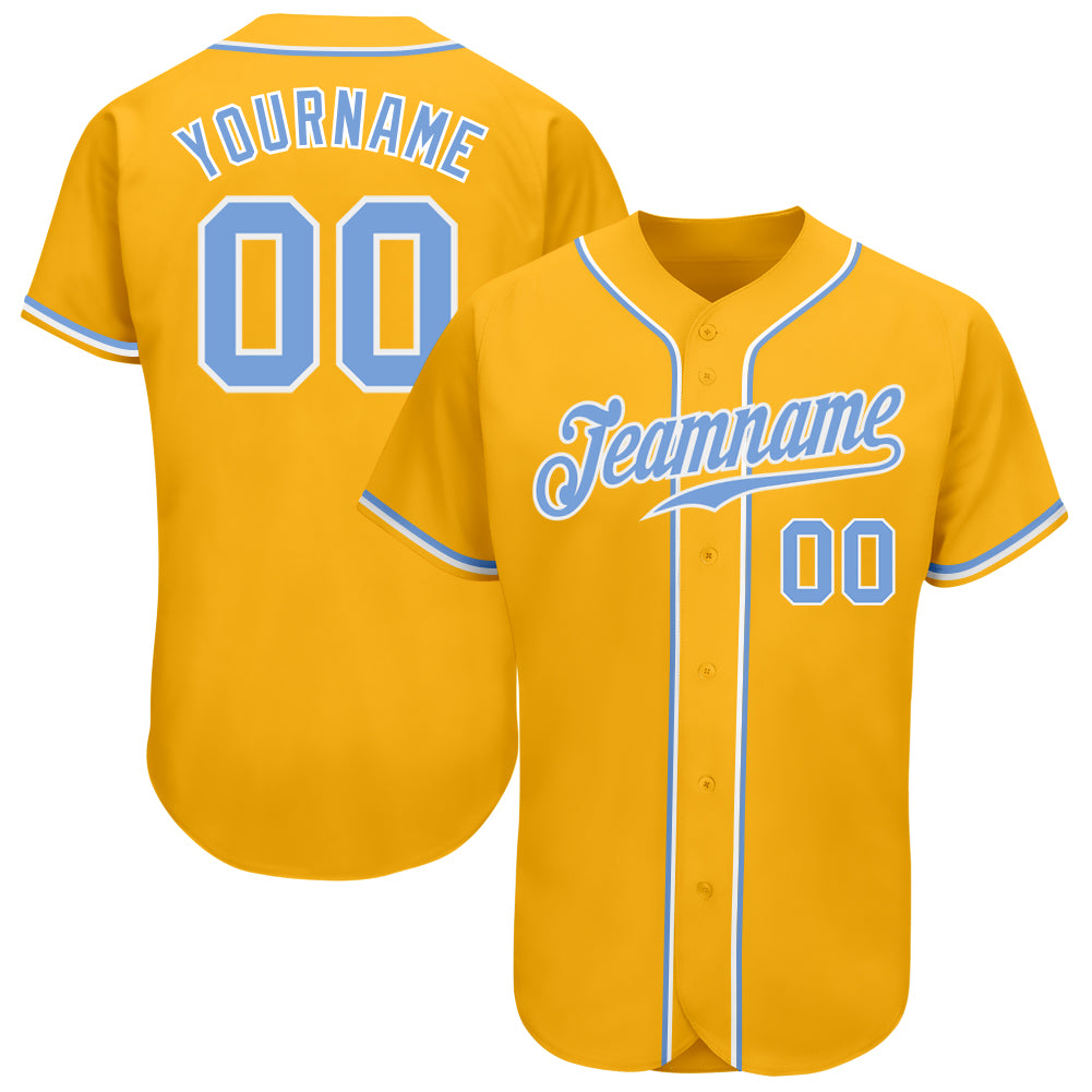 Custom Gold Light Blue-White Authentic Baseball Jersey Custom Gold Light Blue White Baseball Jersey - Authentic Team Apparel Custom Gold Light Blue-White Authentic Baseball Jersey