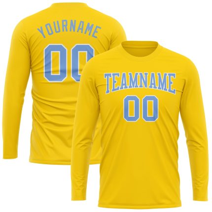 Custom Gold Light Blue White Long Sleeve T-Shirt - Performance Athletic Tee Custom Gold Light Blue-White Long Sleeve Performance
