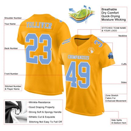 Custom Gold Light Blue White Authentic Football Jersey - Mesh Design Custom Gold Light Blue-White Mesh Authentic Football