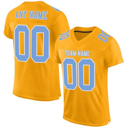 Custom Gold Light Blue White Authentic Football Jersey - Mesh Design Custom Gold Light Blue-White Mesh Authentic Football