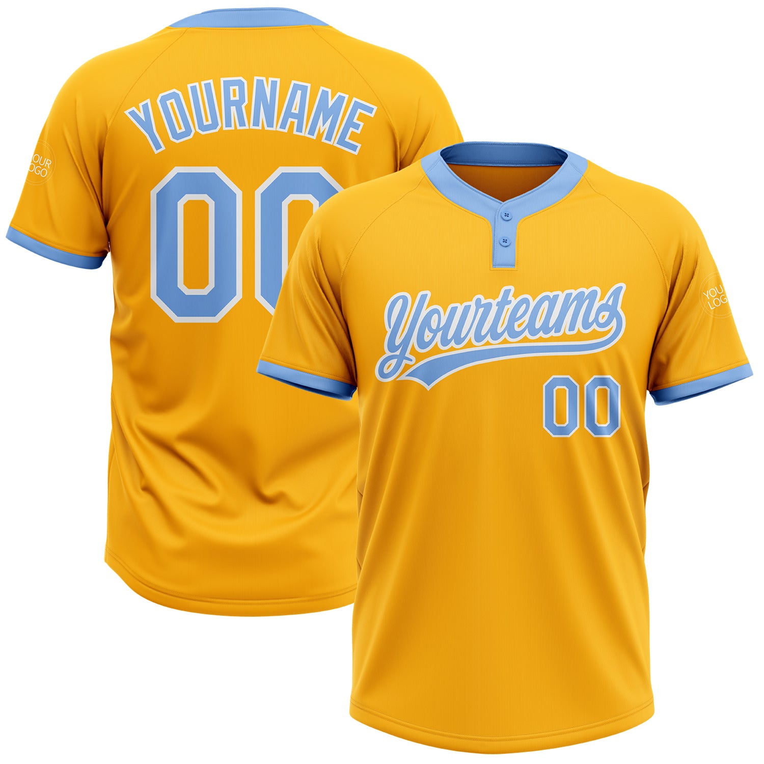 Custom Gold Light Blue White Unisex Softball Jersey - Two-Button Design, Comfortable Fit Custom Gold Light Blue-White Two-Button