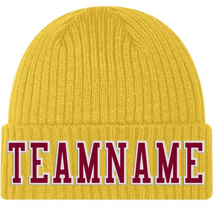 Custom Gold Maroon White Cuffed Knit Hat - Warm, Stylish Winter Accessory Custom Gold Maroon-White Stitched Cuffed Knit Hat