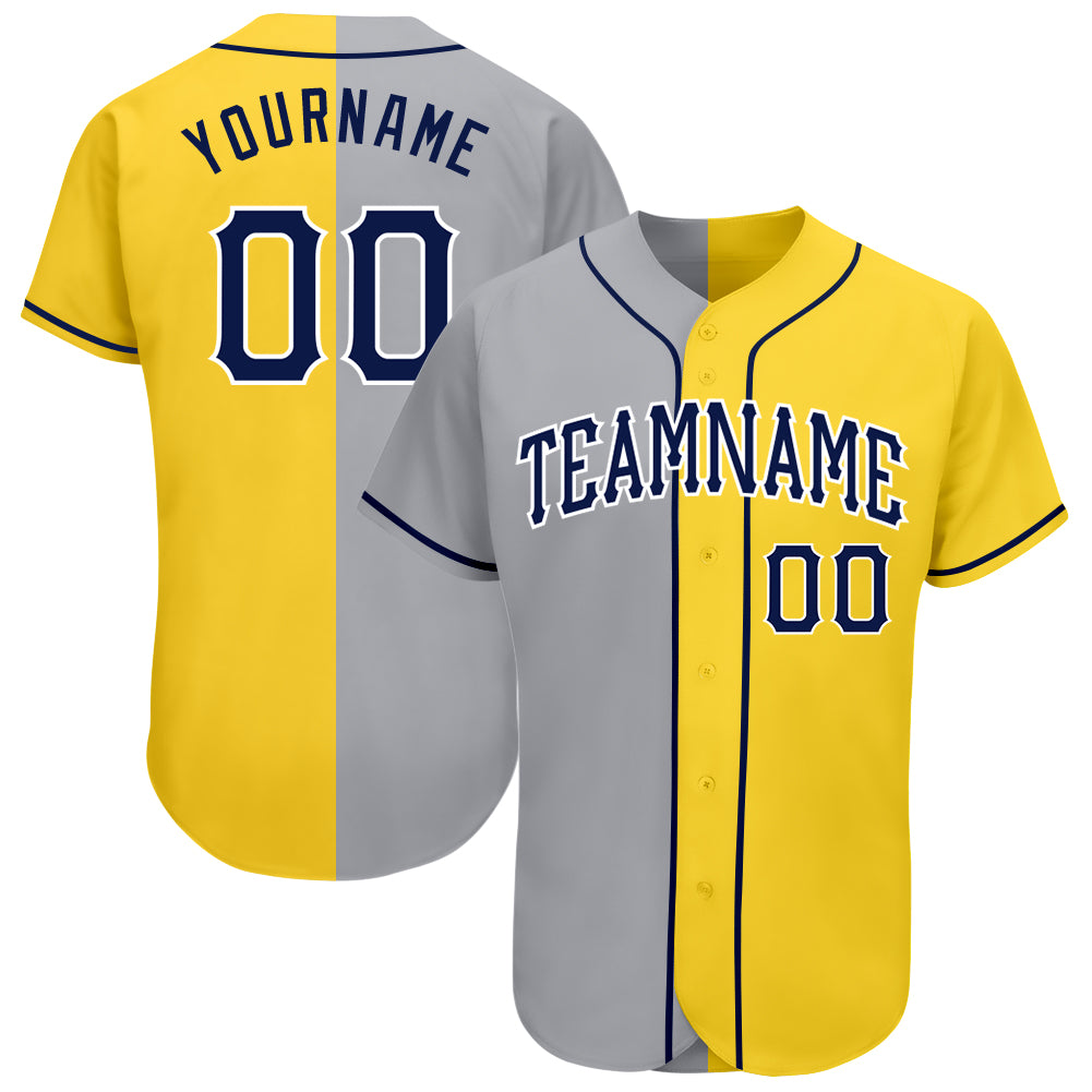 Custom Gold Navy Gray White Split Authentic Fashion Baseball Jersey Custom Gold Navy Gray-White Authentic Split Fashion Baseball