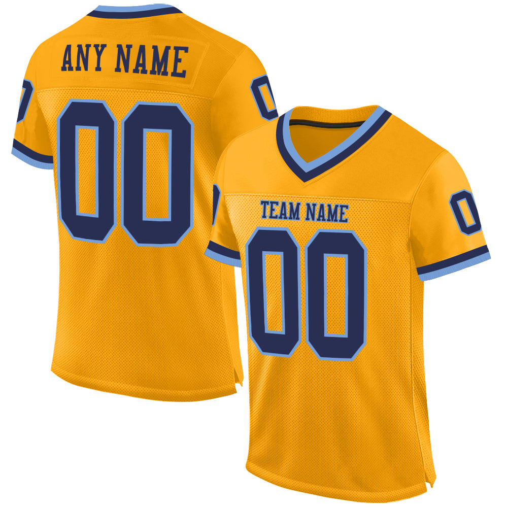Custom Gold Navy-Light Blue Authentic Throwback Football Jersey - Personalized Mesh Design Custom Gold Navy-Light Blue Mesh